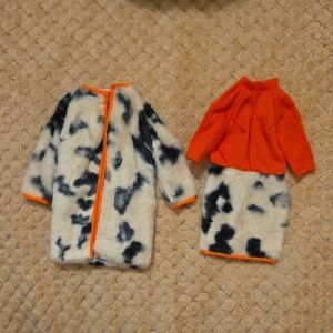 Stylish Black and Cream Faux Fur Coat and Skirt Set with Orange Sweater